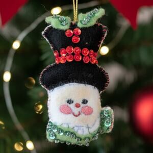 Vtg Felt Sequin Snowman Christmas Ornament